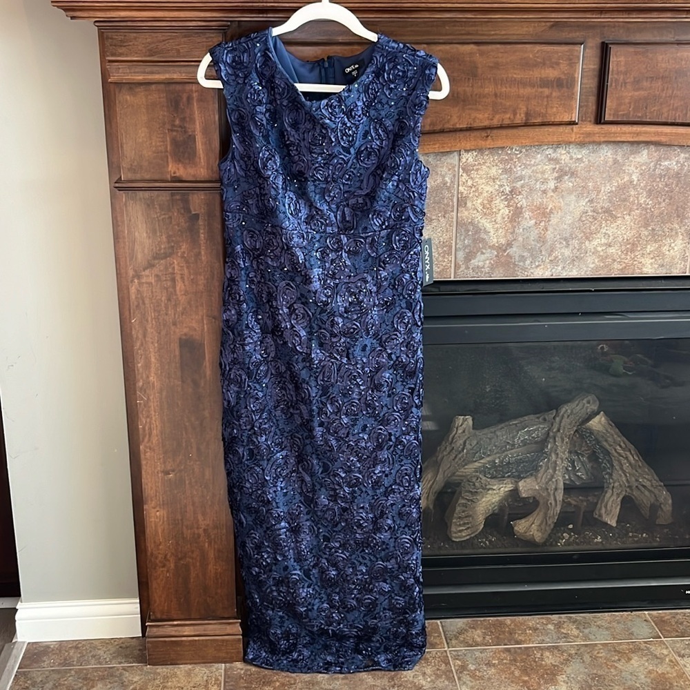 Navy floral rosette formal black tie cocktail prom maxi dress 90s y2K NWT size 8
